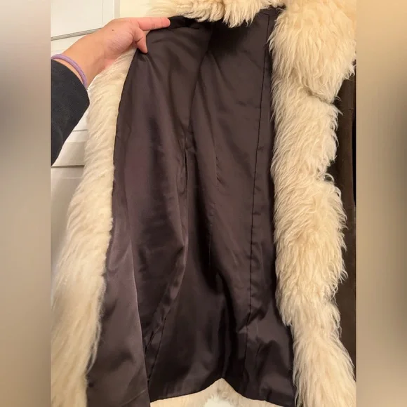 Vintage Brown Suede Penny Lane Afghan Coat With Cream Shearling Fur Trim - Picture 3 of 8